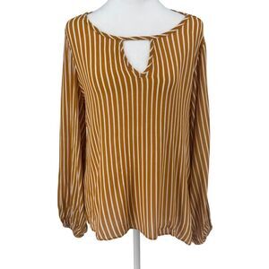 🌟 EVERLY Mustard Yellow & White Striped Long Sleeve Blouse Boho Chic V-Neck Top